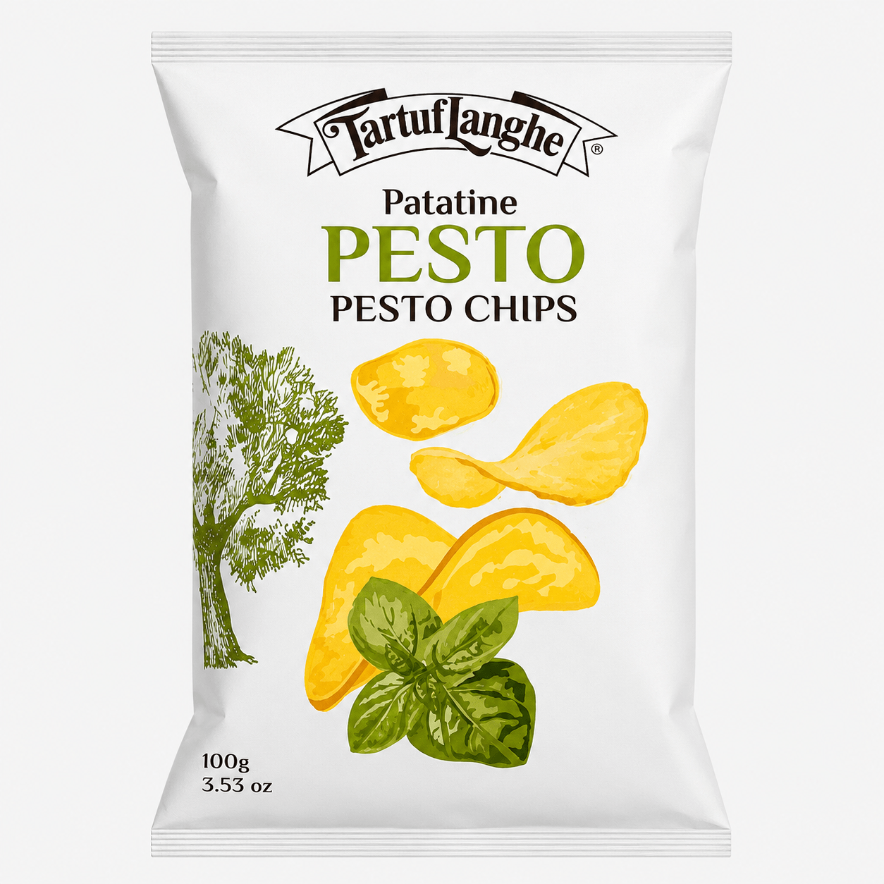 TartufLanghe Pesto Potato Chips packaging featuring basil and potato chips, delicious and gluten-free snack.