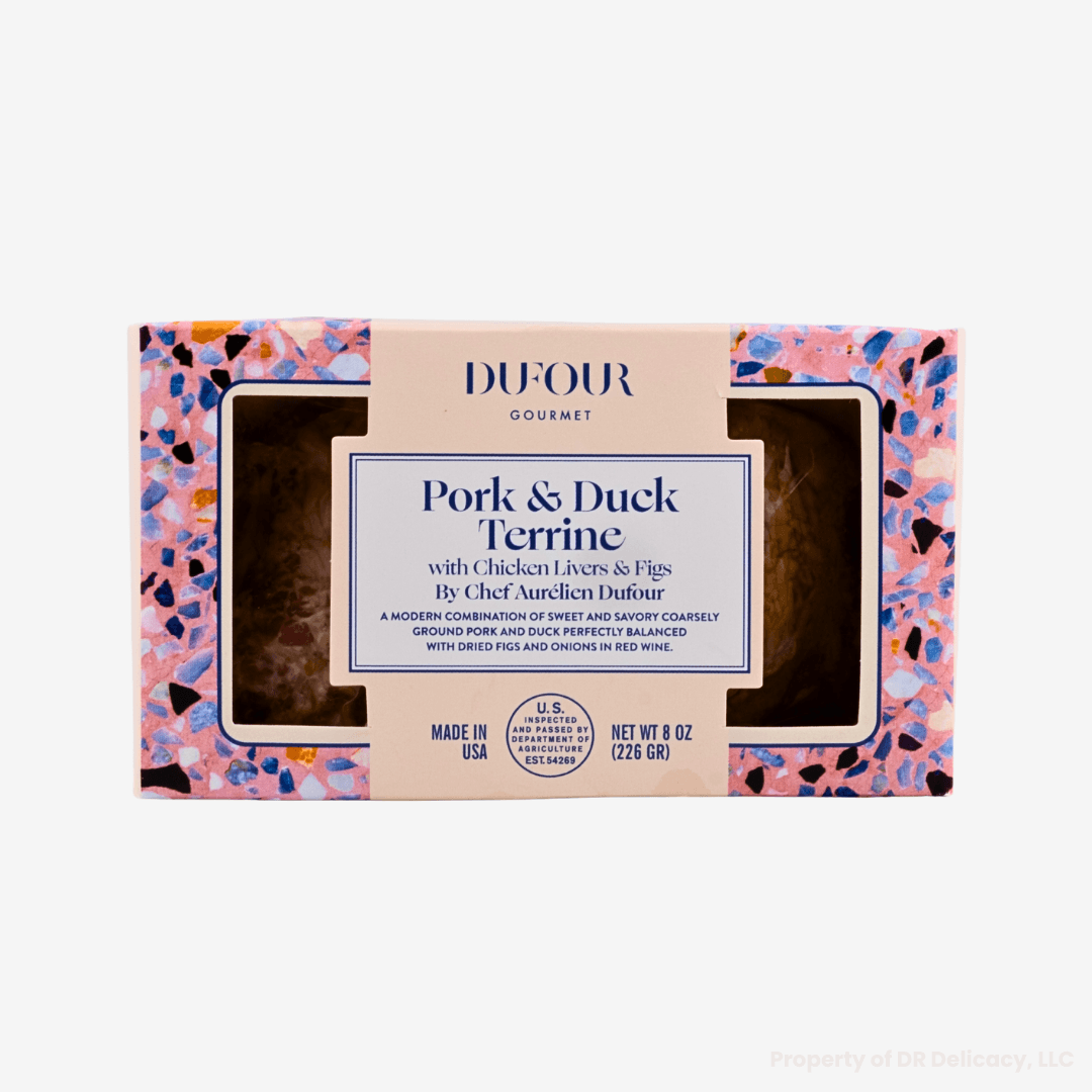 Dufour Pork, Fig and Duck Terrine packaging showcasing the rustic pâté made with pork, duck, and figs.