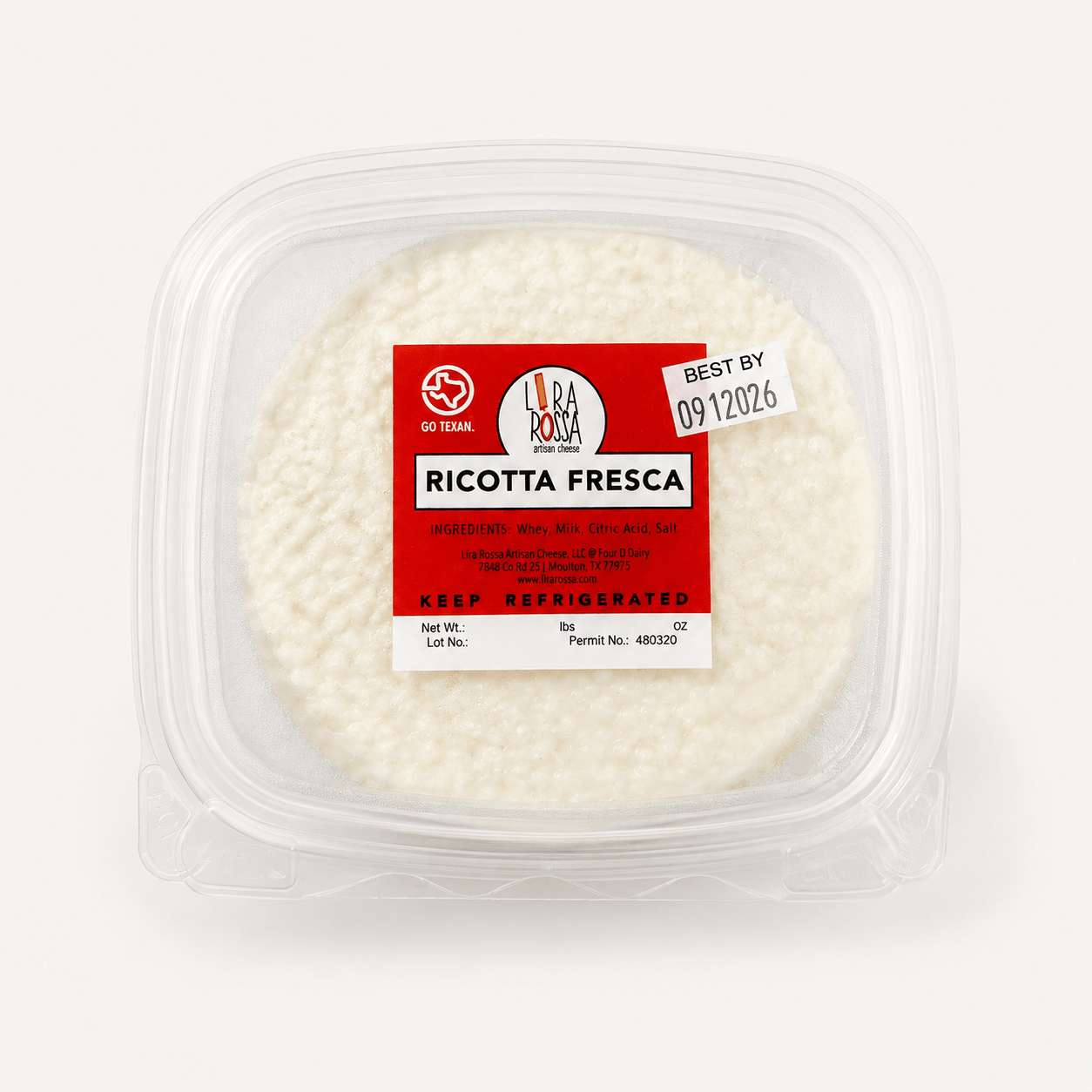 Ricotta Fresca – Fresh Italian Ricotta in a clear container with ingredients listed on the label.