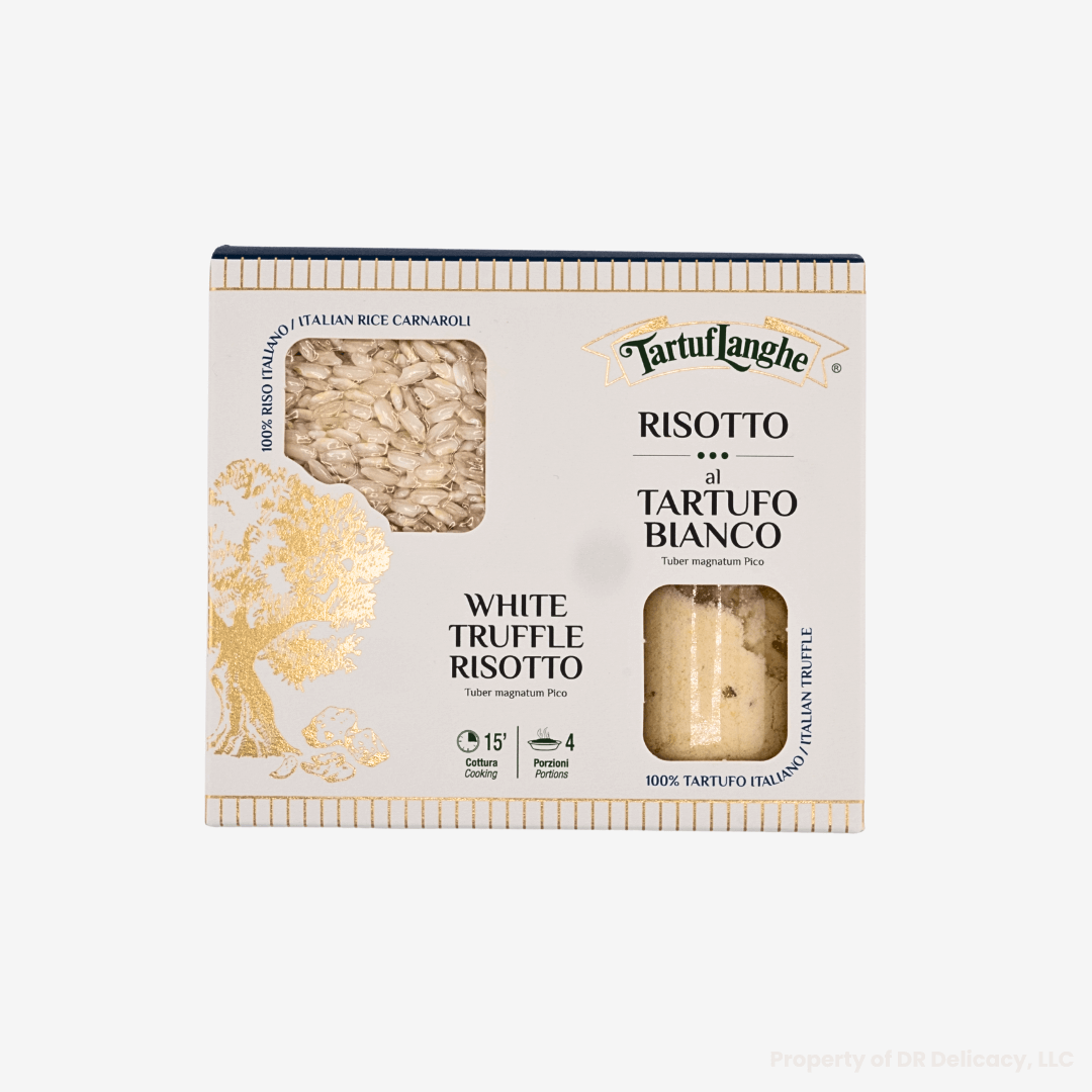 White Truffle Risotto kit featuring Carnaroli rice and powdered condiment blend for authentic Italian risotto.