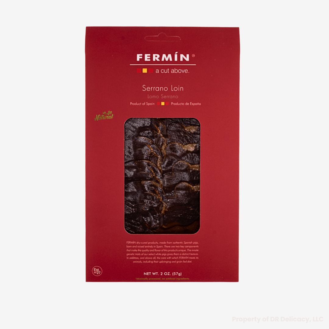 Serrano Loin Ham - Fermin Serrano Pork Loin in a red package, 2 oz, authentic Spanish delicacy from Spain.