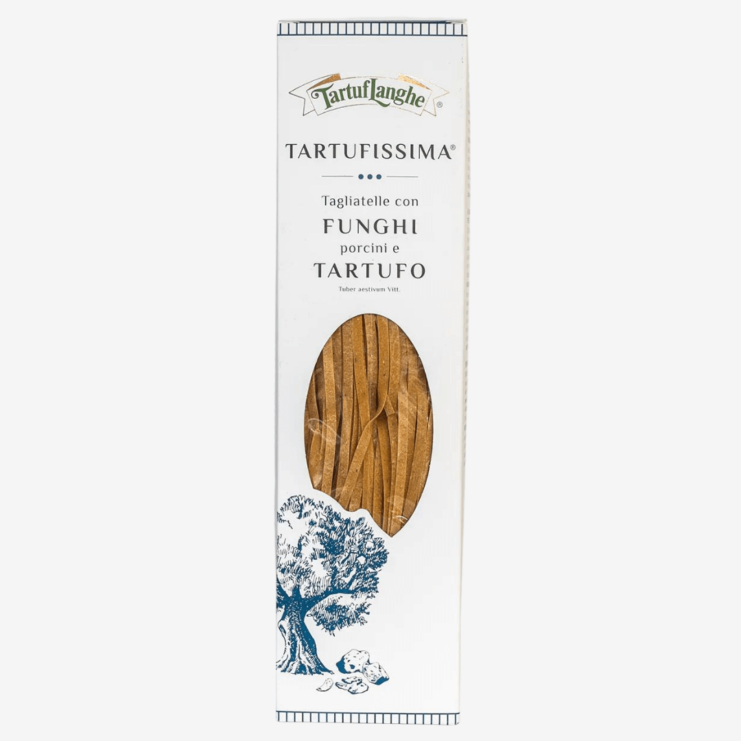 Tagliatelle Porcini Mushroom and Truffle Egg Pasta packaging featuring exquisite Italian ingredients.
