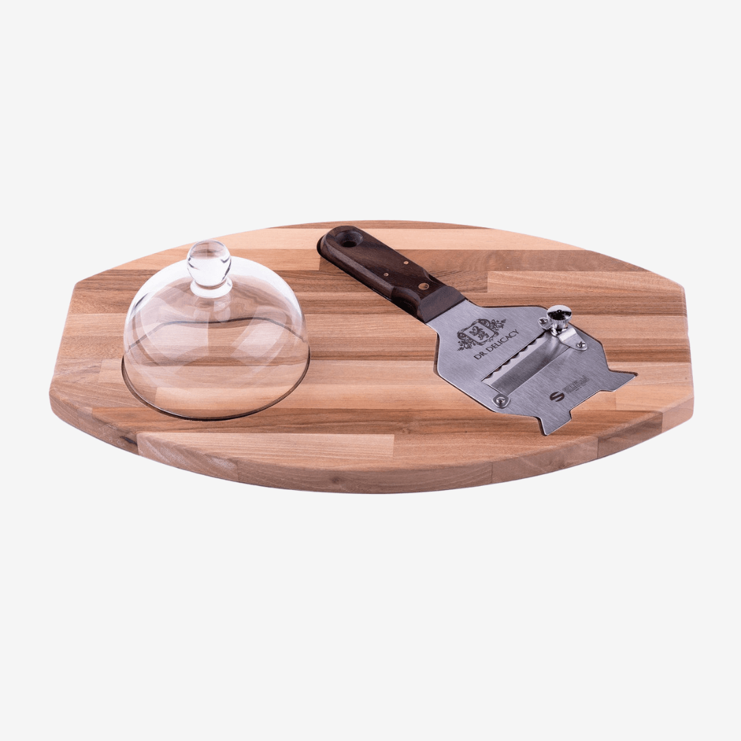 Truffle Display Board and Slicer with walnut tray, glass dome, and metal slicer for truffle presentation.