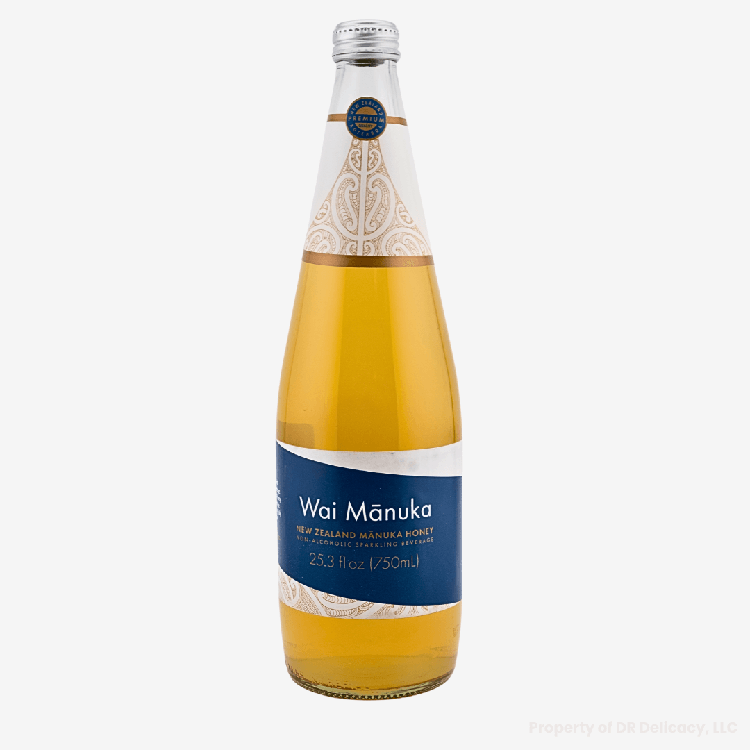 Wai Manuka Honey & Lemon Sparkling Water bottle featuring New Zealand Mānuka honey and effervescent flavor.