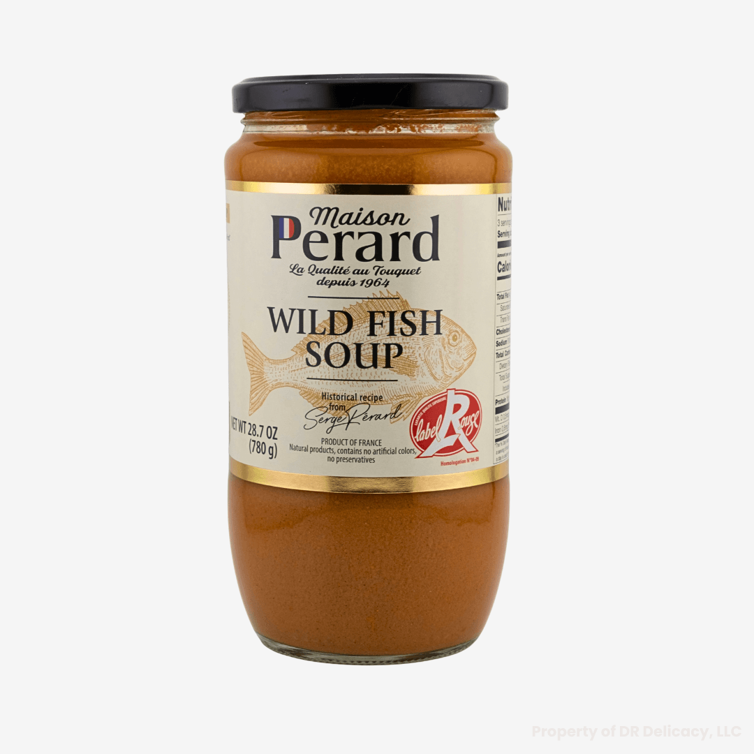 Perard Seafood Soup in a jar, featuring a rich Wild Fish flavor, crafted with quality ingredients.