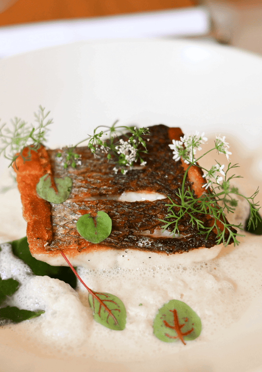 Sea bass Fillet with Picholine Olive Oil, Spinach, and Dill