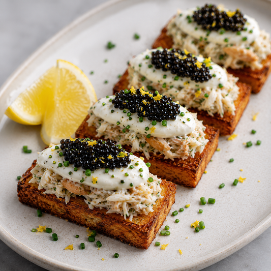 Crab Toast with Caviar & Lemon Chive Crème Fraîche
