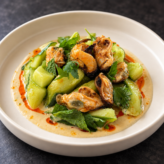 Cucumber Salad with Mussels in Escabeche & Tahini Herb Dressing