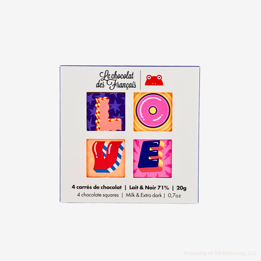 Love 4 Chocolate Square Box featuring colorful letters on an adorable 4-piece organic chocolate box.