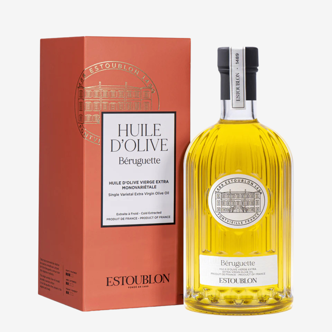Béruguette olive oil bottle with packaging showcasing its unique flavor profile and origin, perfect for finishing dishes.