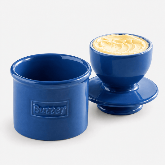 Butter Bell Crock – Royal Blue New Bone China Butter Keeper with butter inside and classic raised lettering.