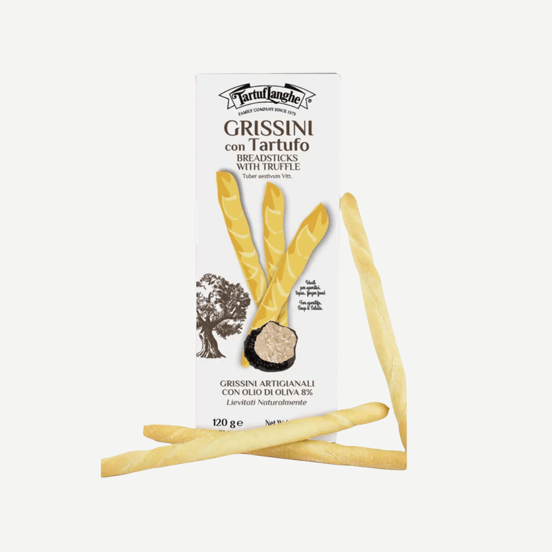 Grissini Breadsticks with Truffle in elegant packaging, showcasing savory breadsticks with truffle flavor and natural ingredients.