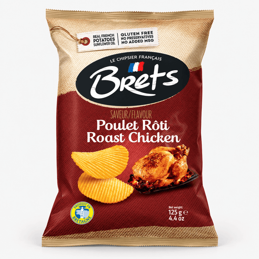 Brets Poulet Rôti – Roast Chicken Potato Chips packaging featuring crispy chips and roast chicken imagery.
