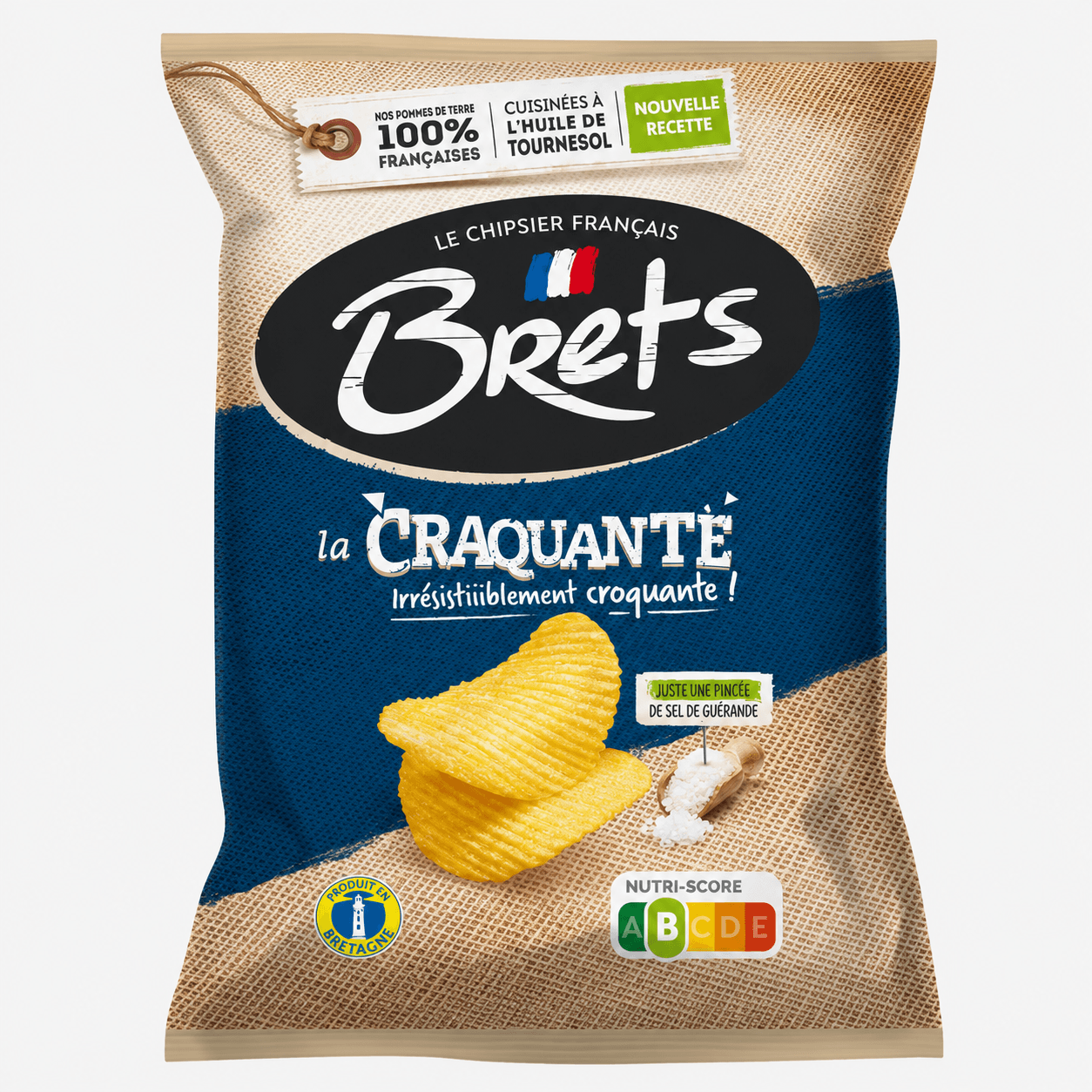 Brets La Craquante Sea Salt Potato Chips packaging showcasing crispy chips and sea salt.