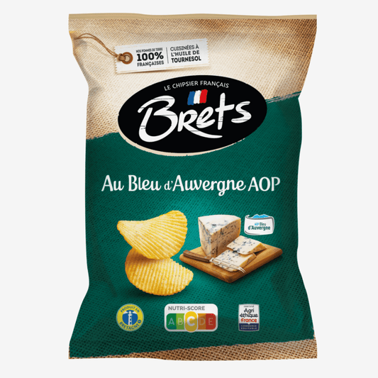 Brets French Blue Cheese Potato Chips packaging featuring logo and potato chips with blue cheese.