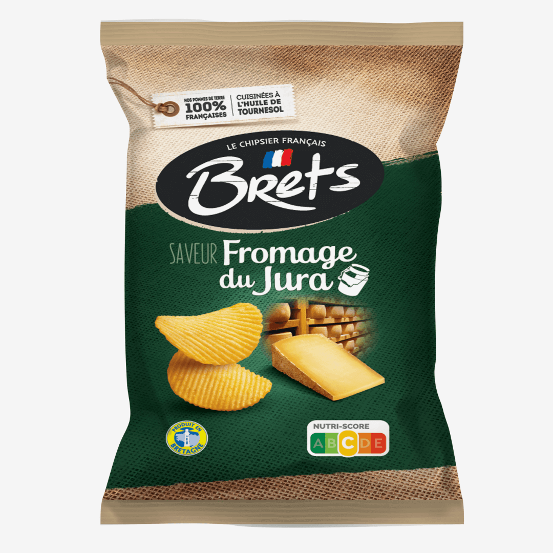 Brets Fromage du Jura Potato Chips bag featuring creamy Jura cheese flavor and crispy potato chips.
