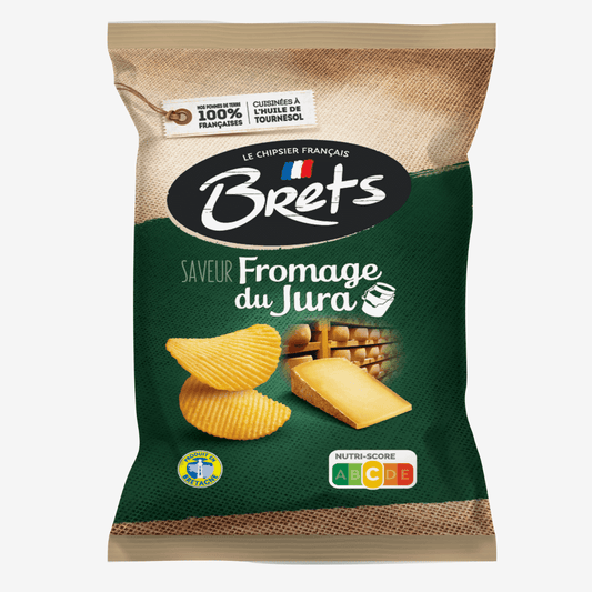 Brets Fromage du Jura Potato Chips bag featuring creamy Jura cheese flavor and crispy potato chips.