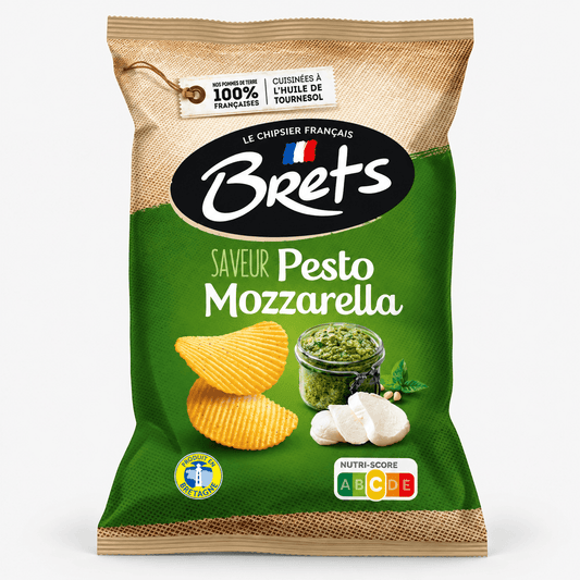 Brets Pesto & Mozzarella Potato Chips packaging featuring crispy chips and pesto ingredients.