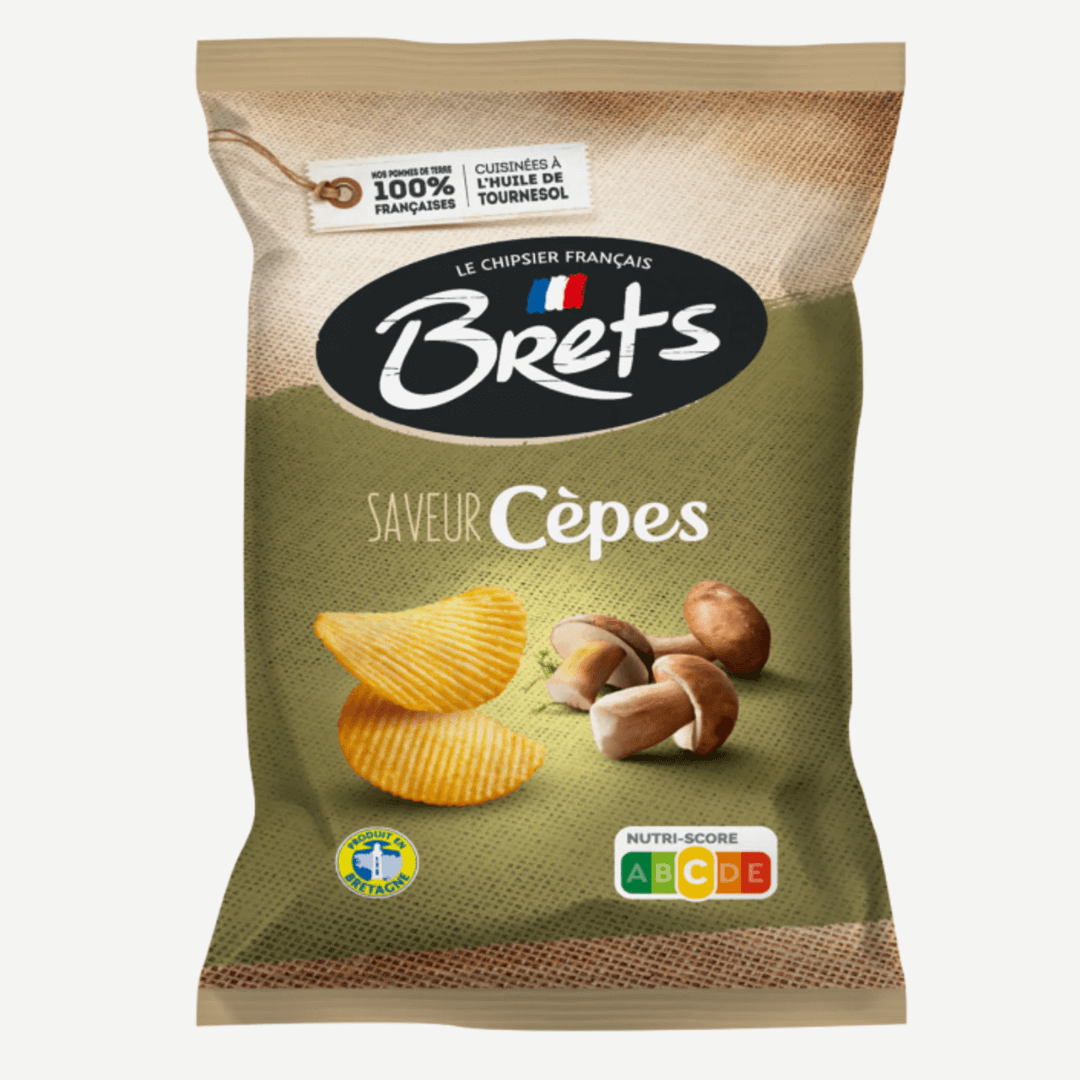 Brets porcini mushroom potato chips package showcasing the savory flavor and healthy ingredients made in France.