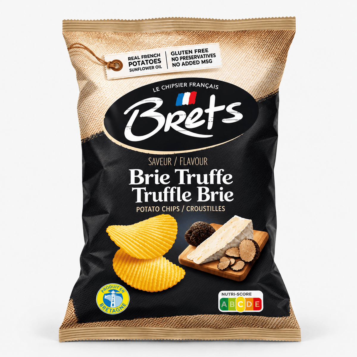 Brets Brie Cheese & Truffle Potato Chips packaging showcasing truffle-flavored potato chips and Brie cheese.