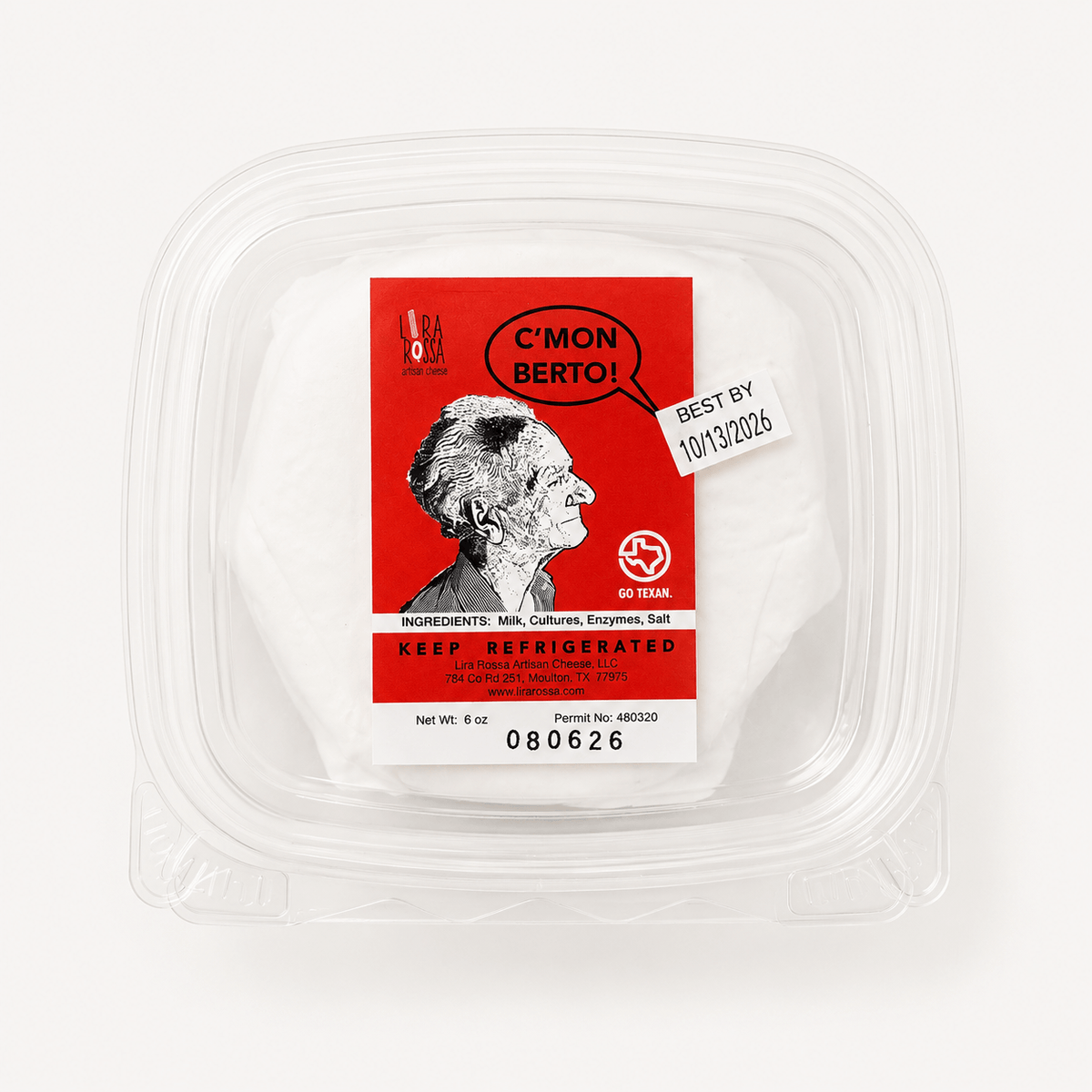 C'Mon Berto – Creamy Brie-Style Cheese packaging featuring illustration and ingredient information.