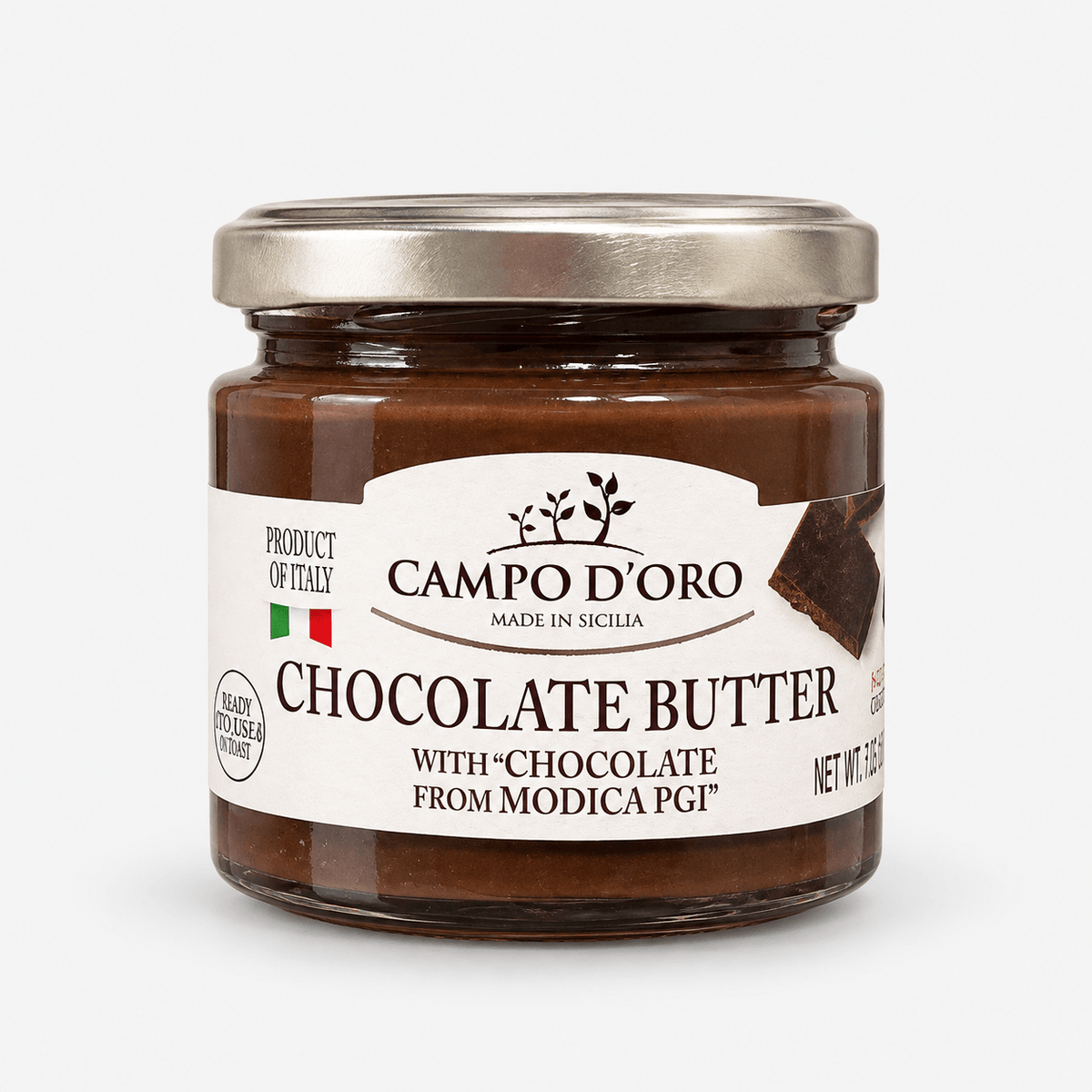 Campo d'Oro Chocolate Butter – Modica PGI Chocolate Spread in a glass jar, showcasing its rich, creamy texture.