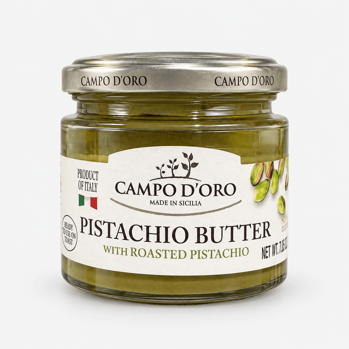 Campo d'Oro Pistachio Butter – Italian Pistachio Spread in a jar, showcasing its creamy texture and roasted pistachio ingredients.