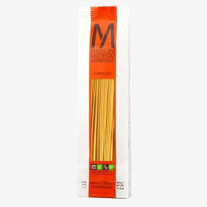 Mancini Italian Pasta Capellini spaghetti packaged in a sleek design, made from 100% durum wheat semolina.