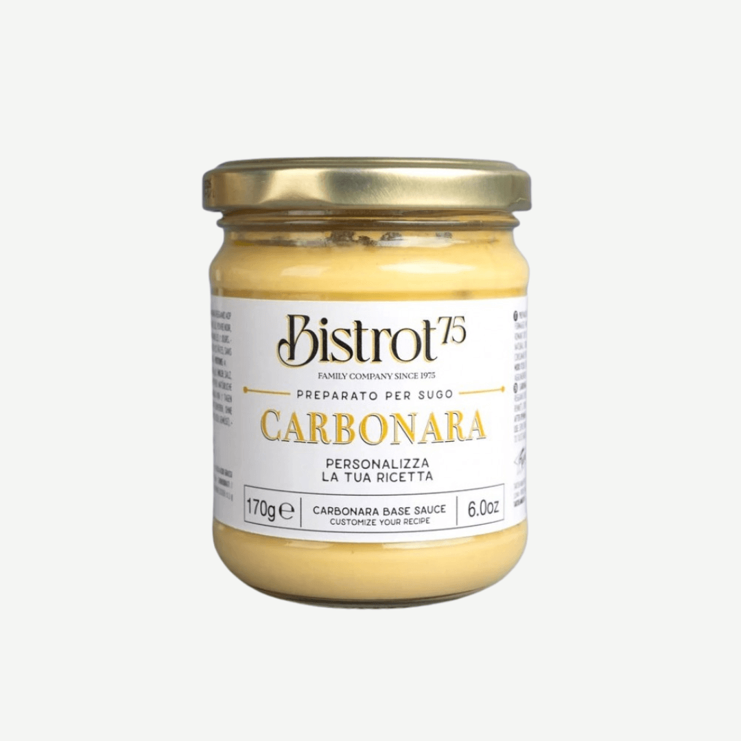 Bistrot 75 Carbonara Sauce jar, authentic Italian carbonara base for custom recipes.
