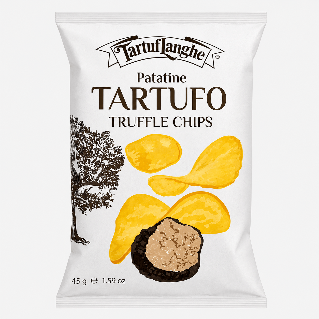 TartufLanghe Black Truffle Potato Chips packaging featuring truffle chips and branding.
