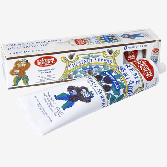 Chestnut Spread by Clement Faugier in a tube, showcasing premium Ardèche chestnut cream and packaging details.