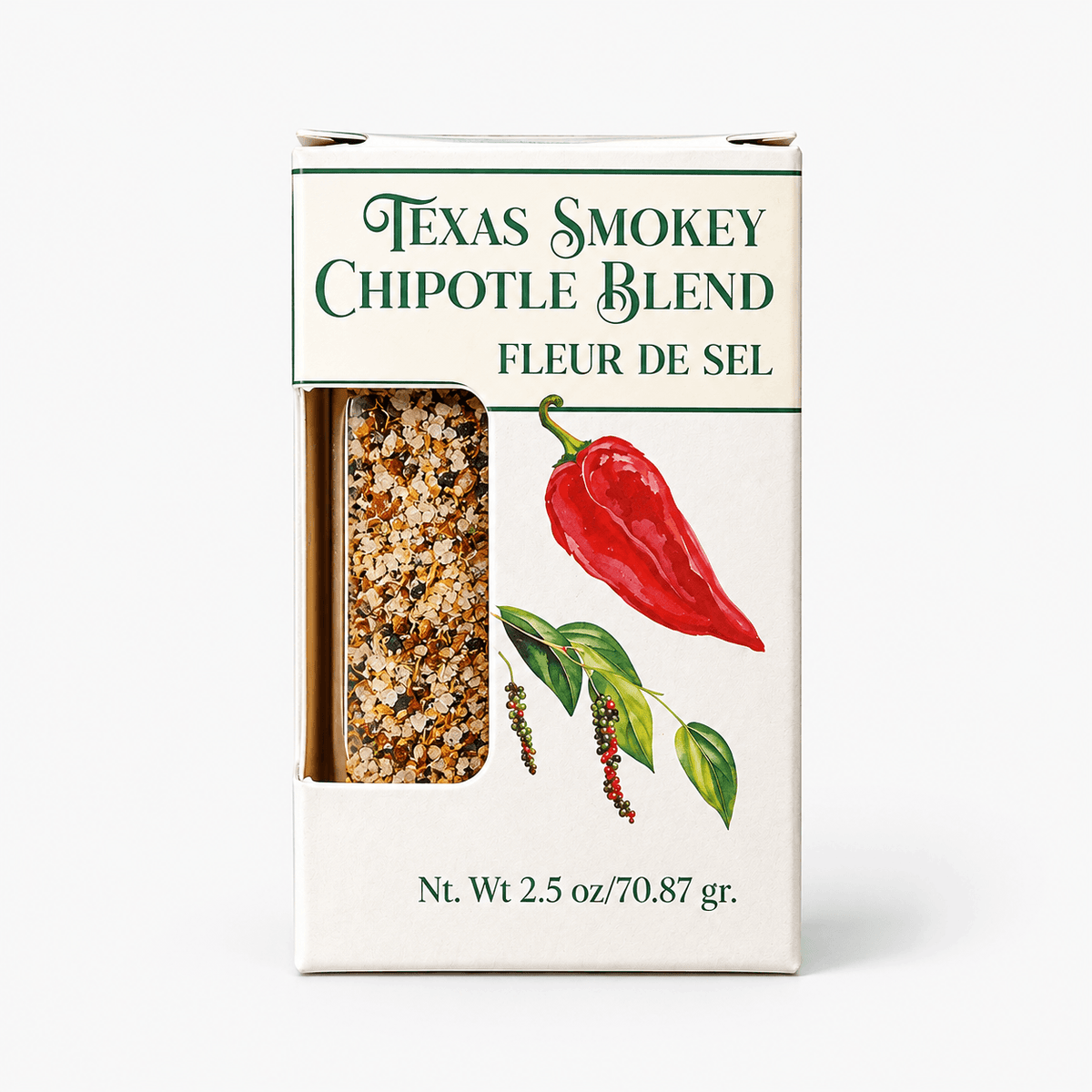 Fleur de Sel Texas Smokey Chipotle Blend – Smoked Chipotle Sea Salt packaging with herbs and red pepper illustration.
