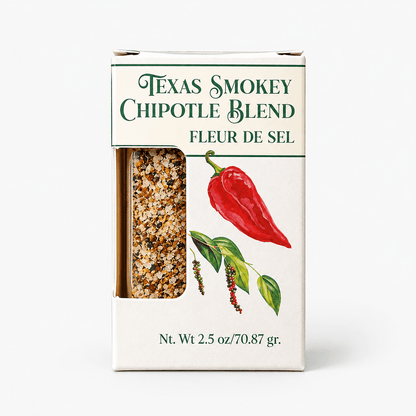 Fleur de Sel Texas Smokey Chipotle Blend – Smoked Chipotle Sea Salt packaging with herbs and red pepper illustration.
