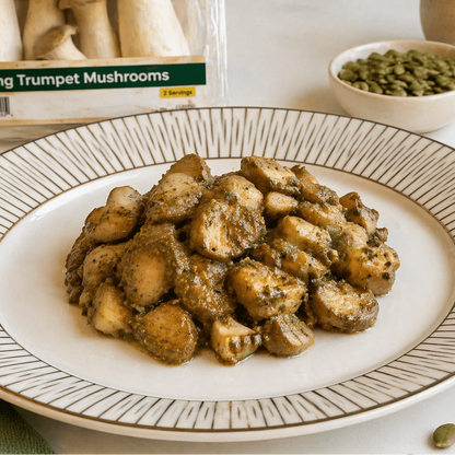 Vegan protein mushroom pack featuring sautéed king trumpet mushrooms on a plate, ready to serve.