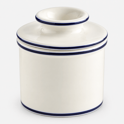 Butter Bell Crock – Le Bistro Parisian Blue Trim in creamy off-white with blue trim, evoking Parisian bistro style.
