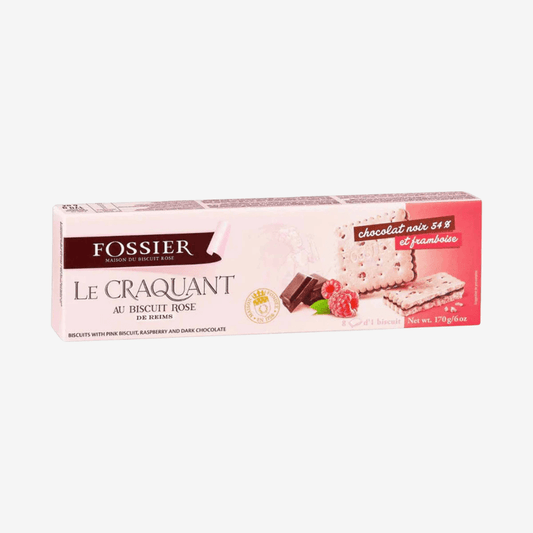 Fossier Raspberry and Chocolate Biscuits package featuring pink biscuit and dark chocolate.