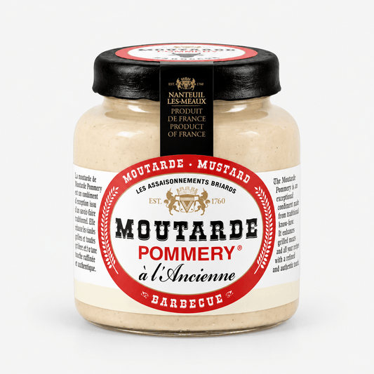 Pommery Barbecue Mustard jar showcasing traditional French mustard with smoky flavor for grilling and dipping.