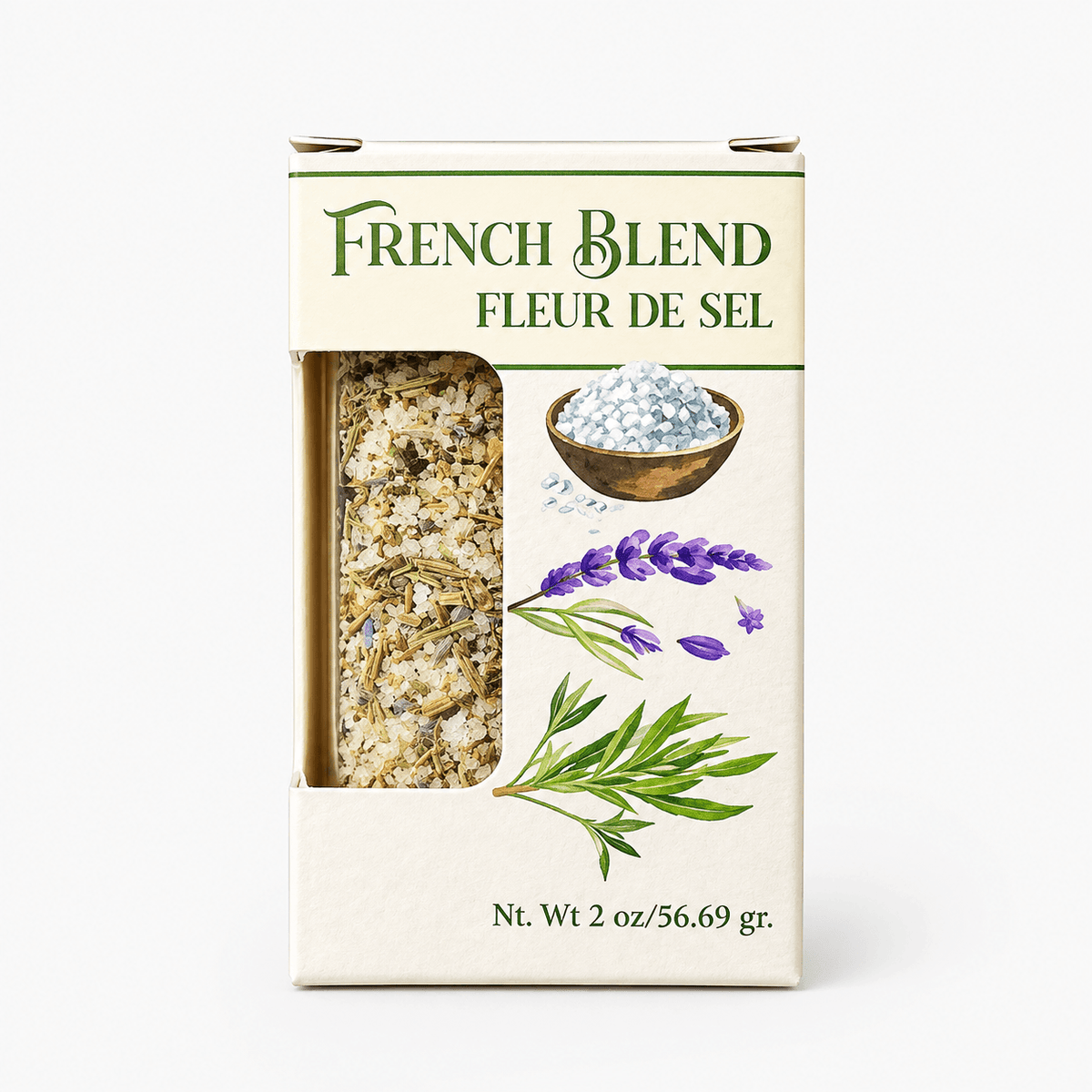 Fleur de Sel French Blend – Provençal Herb Finishing Salt packaging featuring artisan sea salt and herbs.