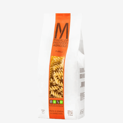 Mancini Italian Pasta Fusilli packaging featuring 100% durum wheat semolina, 17.6 oz net weight.
