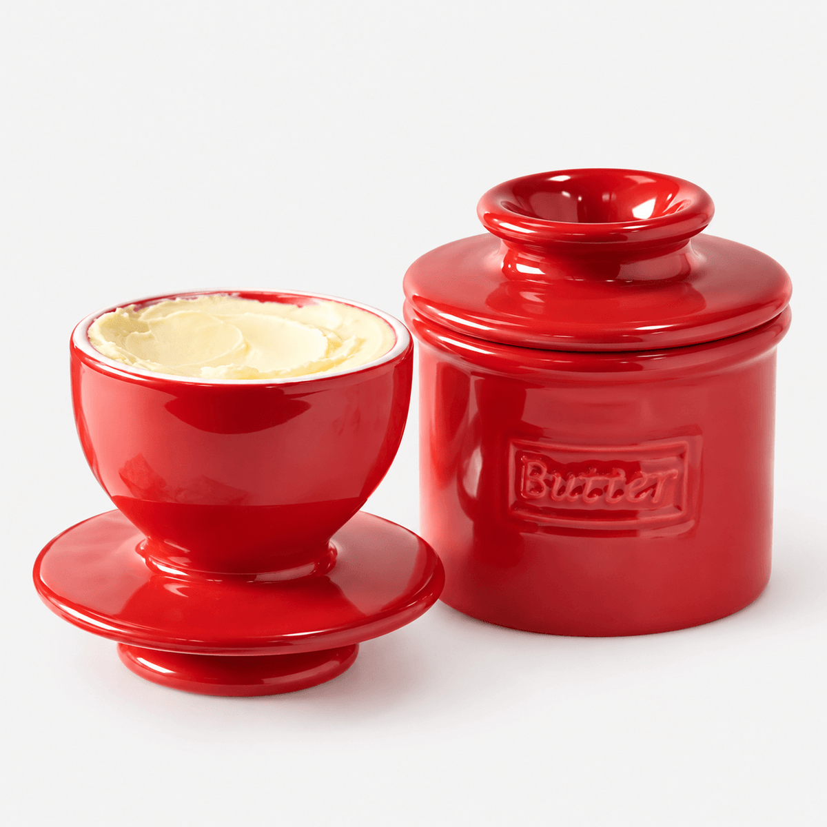 Butter Bell Crock – Maraschino Red New Bone China Butter Keeper with lid and butter.