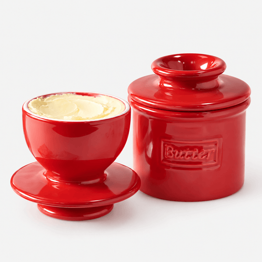 Butter Bell Crock – Maraschino Red New Bone China Butter Keeper with lid and butter.