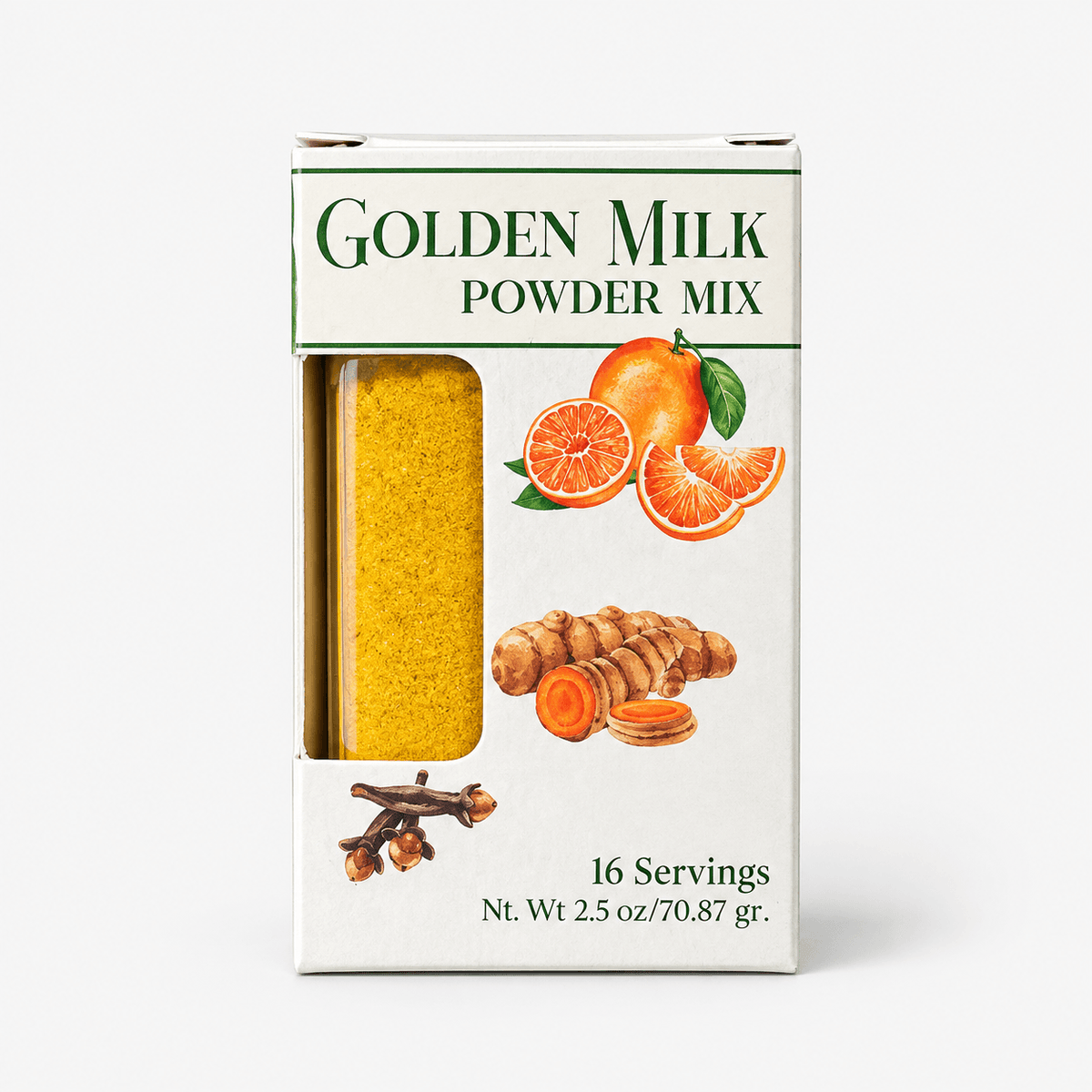 Golden Milk Spice Mix – Turmeric & Cinnamon Blend packaging with turmeric, orange, and spice illustrations.