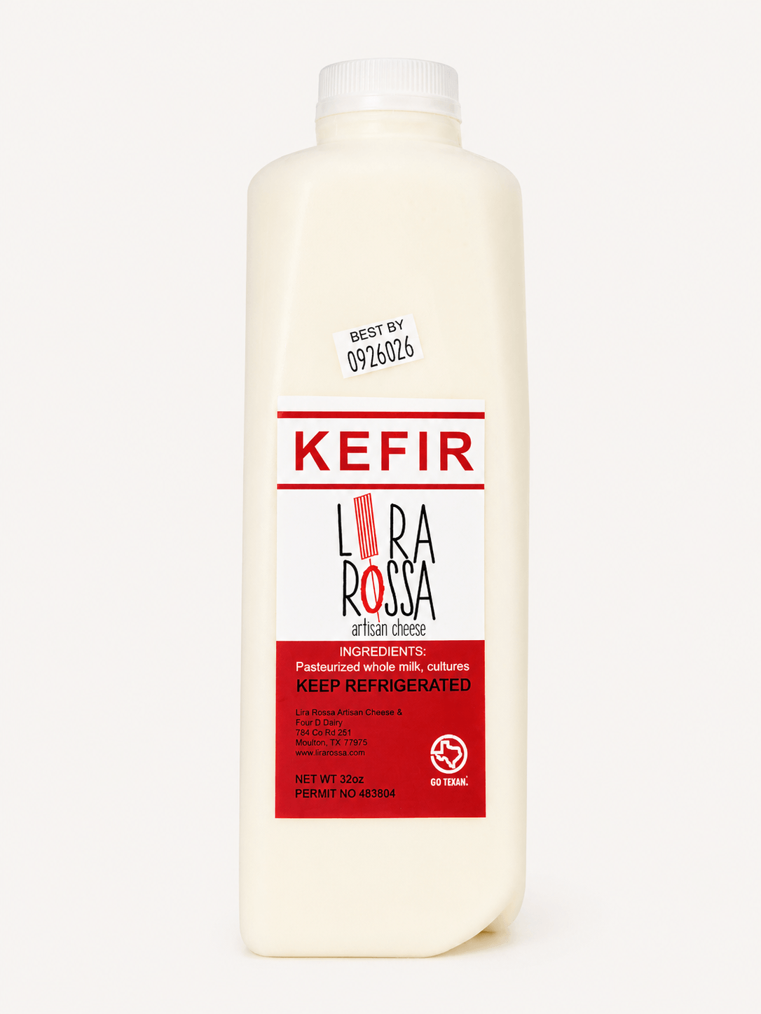 Kefir – Cultured Probiotic Milk Drink in a 32 oz bottle with ingredients label, made from pasteurized whole milk.