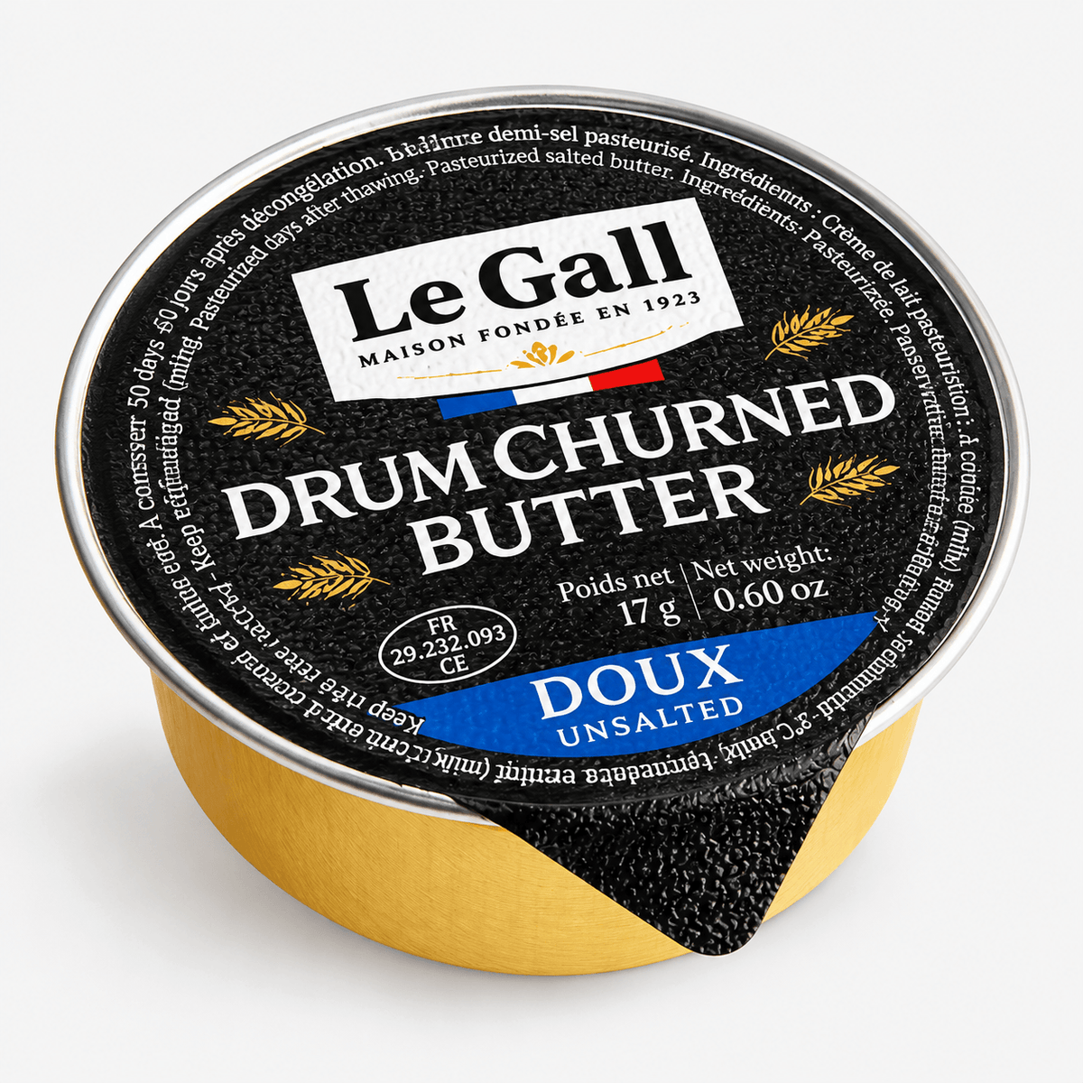 Le Gall Mini Drum Churned Unsalted Butter packaging, 17g of traditional French butter from Brittany.