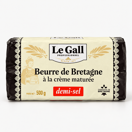 Le Gall Salted Churned Butter packaging featuring Beurre de Bretagne demi-sel, 500g, traditional French butter.