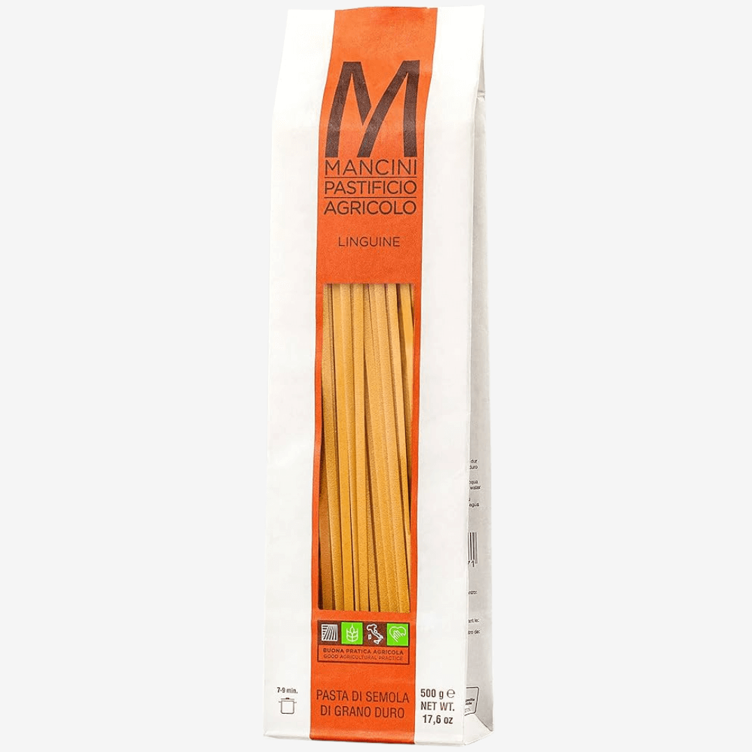Mancini Italian Pasta Linguine package, made from 100% durum wheat semolina, 17.6 oz. from Le Marche, Italy.