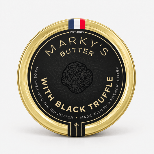 Marky's Black Truffle Butter packaging featuring premium black truffle and rich French butter.