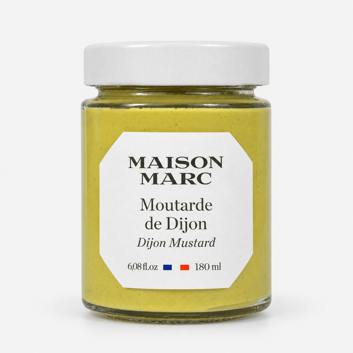 Maison Marc Dijon Mustard jar showcasing creamy texture and bold flavor for versatile cooking and entertaining.