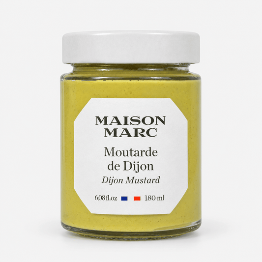Maison Marc Dijon Mustard jar showcasing creamy texture and bold flavor for versatile cooking and entertaining.