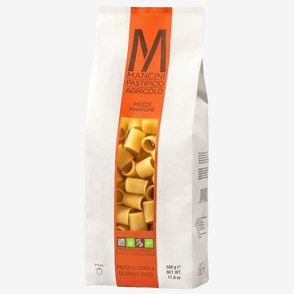 Mancini Italian Pasta Mezze Maniche package showcasing premium durum wheat pasta from Italy.